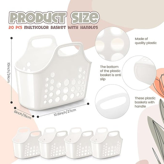 Nuogo 20 Pack Plastic Baskets with Handles Portable Shower Caddy Storage Baskets Reusable Caddy tote Organizer Bin for Bathroom Dorm Communal Showers Kitchen, 10.6" x 6" x 10" (White)