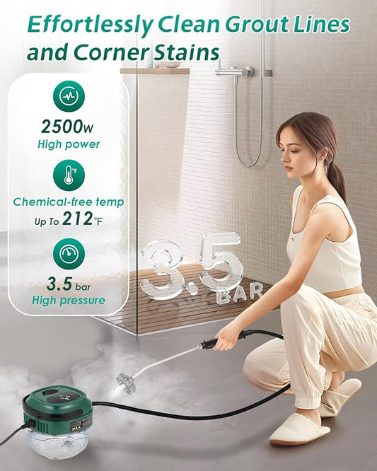 Handheld Steam Cleaner Touch Panel High Pressure Steamer for Cleaning Grout Tile Portable Steamer for Car Auto Home Small Power Cleaning Steamer with Drain Hole (Dark Green)