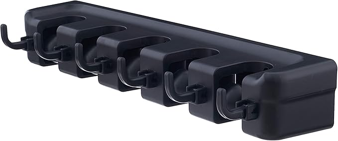 Superio Mop and Broom Holder 2 Pack Wall Mount Black Cleaning Tools Wall Organizer, 3 Rack Slots / 4 Hooks for Kitchen Closet, Garage, Garden, Office