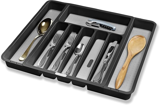 madesmart Expandable Silverware Tray, 8 Compartment Silverware Organizer for Forks, Knives & Spoons, Non Slip, Soft Grip Base, Expands to Fit Most Drawers, Carbon