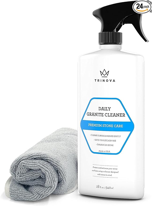 TriNova Granite Cleaner & Polish Gallon Refill for Daily Use - Made in USA, Enhances Shine, Streak-Less - for Counter-Tops, Marble, Stone, Bathroom Tile Kitchen, & Islands - 18 fl oz, 24PK