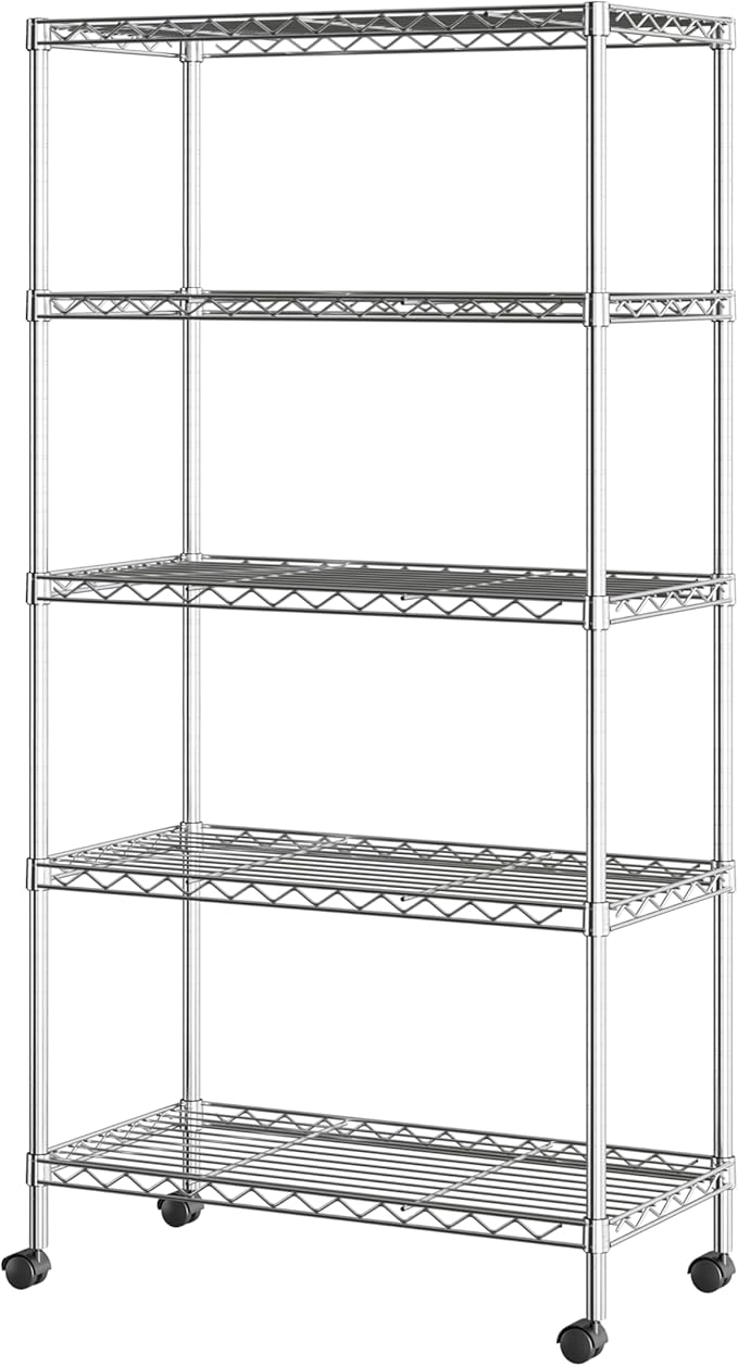 Seville Classics 5-Tier Wire Shelving with Wheels, 5-Tier, 30"" W x 14"" D (NEW MODEL), Chrome Plating, Plated Steel