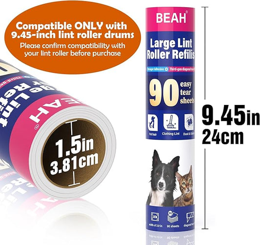 9.45 Inch Extra Sticky Lint Roller Refills 3 Pack (270 Sheets) –Compatible with 9.45 Inch Lint Rollers Pet Hair and Lint Cleaning on Furniture, Carpets, and Clothes