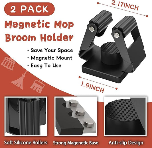 Magnetic Broom Holder,2 Pack Strong Magnetic Mount Broom and Mop Holder for Cleaning Tools,Power Non-Slip Magnetic Tool Holder Broom Hooks for Apartment RV Accessories Camper Garage Kitchen