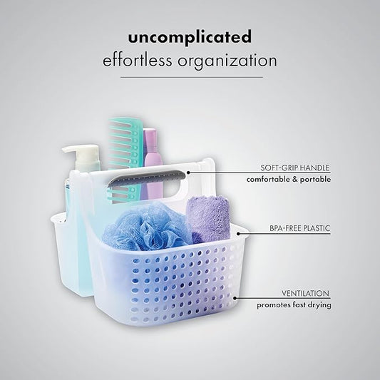 madesmart Portable Shower Caddy, Hold Soap, Shampoo, Hair Supplies and Beauty Products, Cleaning Supplies Organizer for Home, Dorm, Plastic Shower Tote, Soft Handle, Frost