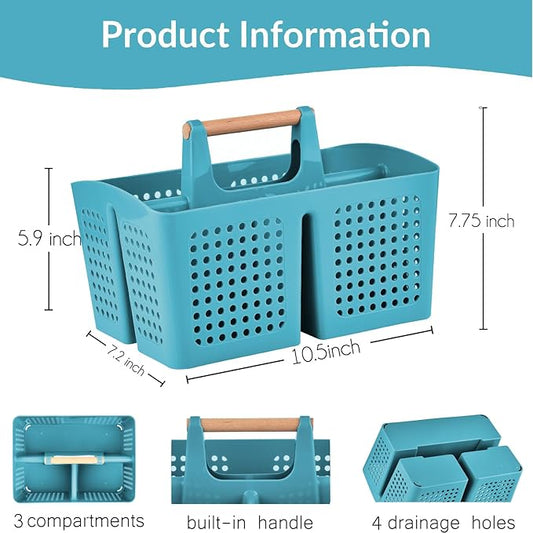 Portable Shower Caddy Basket with Compartments, Plastic Divided Cleaning Caddy Organizer Storage Tote with Handle for Bathroom, College, Dorm Room Essentials, Green