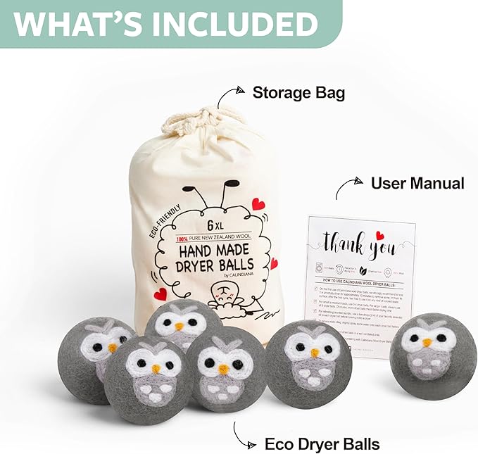 Calindiana 100% Organic Premium New Zealand Wool Dryer Balls Laundry Reusable Fabric Softener, Cute Dryer Sheets Alternative, Anti Static XL Size 6 Pack, Grey Owl