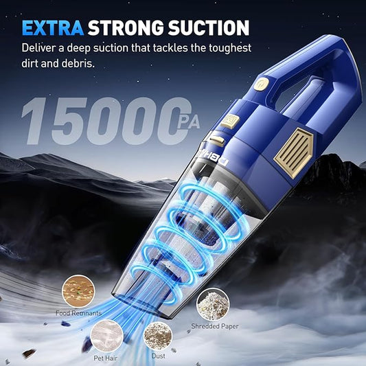Handheld Vacuum Cordless, 15000PA Powerful Suction Car Vacuum Cleaner Lightweight with Multi Accessories, Hand held Vacuum Cleaner Dust Busters Cordless Rechargeable for Car Home