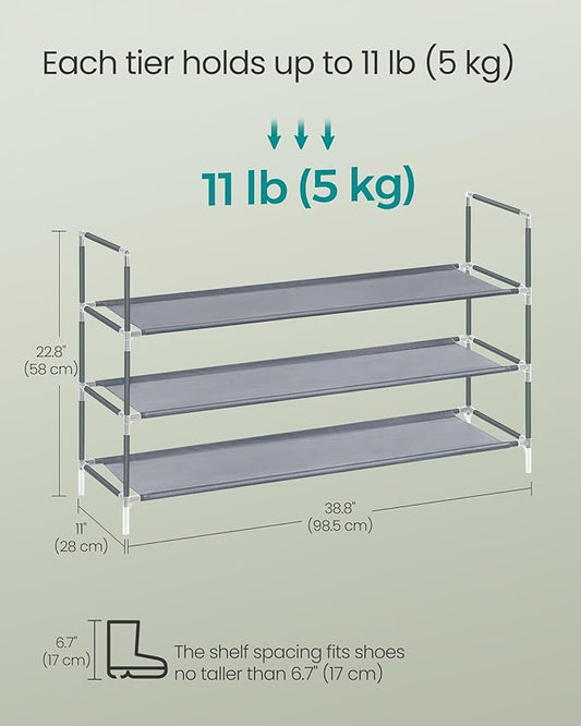 SONGMICS 3-Tier Shoe Rack, Shoe Storage for Hallway Closet, Slim and Space-Saving, Metal Frame, Non-Woven Fabric Shelves, Grey ULSH053G01V1