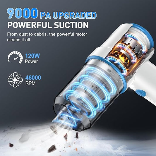 KMM Handheld Car Vacuum Cleaner, 11000PA Vacuum Cleaner & Air Duster, 120W High Power Vacuum Portable Cordless, Hand Held Vacuum Rechargeable with Multi-Nozzles & LED Light for Home, Car, Office