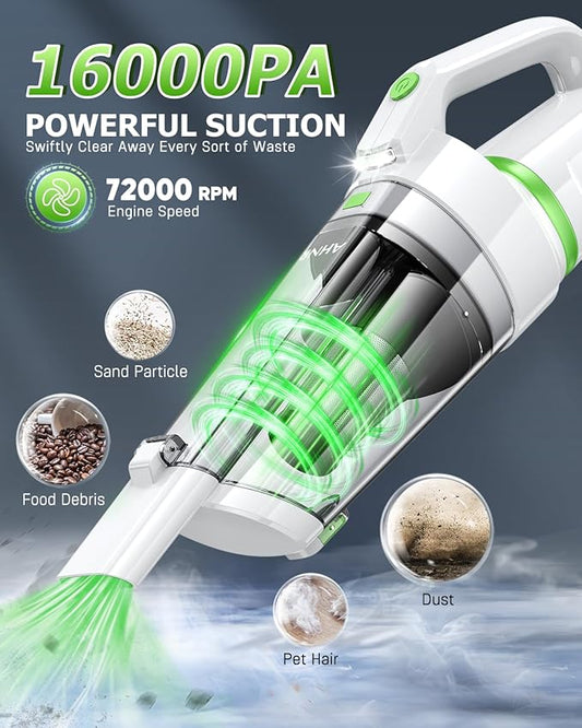 AHNR Handheld Vacuum Cordless, 16000PA Powerful Suction Hand Held Vacuum Dust Busters Cordless Rechargeable with LED Light & 2 HEPA Filters, Portable Car Vacuum Cleaner High Power for Car Home Office