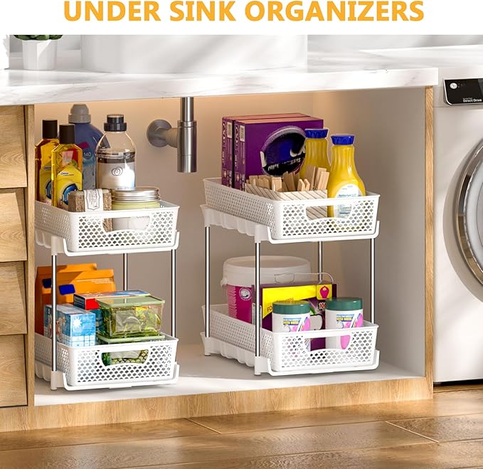 4 Pack Pull Out Bathroom Organizers and Storage, 2 Tier Stackable Under Sink Storage Organizer for Bathroom, Kitchen Cabinet, Pantry, and Medicine Holder, Organization and Storage - White
