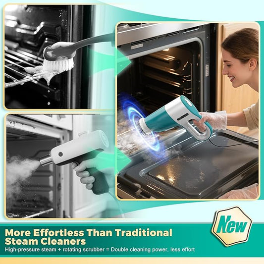 Steam Cleaner with Electric Spin Scrubber, 2-in-1 Pressurized Handheld Steam Cleaner with Detachable Long Handle, Continuous Steam, Chemical-Free Steamer for Cleaning Floor, Tile, Grout, Bathroom&Car