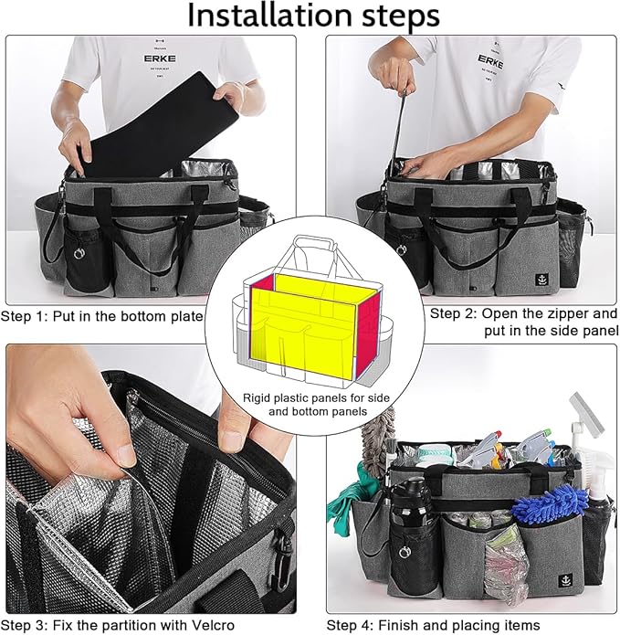 Large Cleaning Caddy Bag Built-in Sturdy Support Board, Cleaning Organizer with Detachable Divider, Cleaning Supply Tote with Adjustable Shoulder Strap&Waist Belt for Cleaners & Housekeeper
