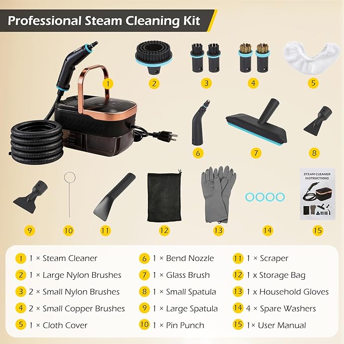 Dyna-Living Steam Cleaner 1500W Engine Steam Cleaner Handheld High Pressure Steam Cleaner for Cleaning, Car Steamer with 42.2 oz Tank, Portable Steamer for Car Detailing, Floor, Carpets, Tile