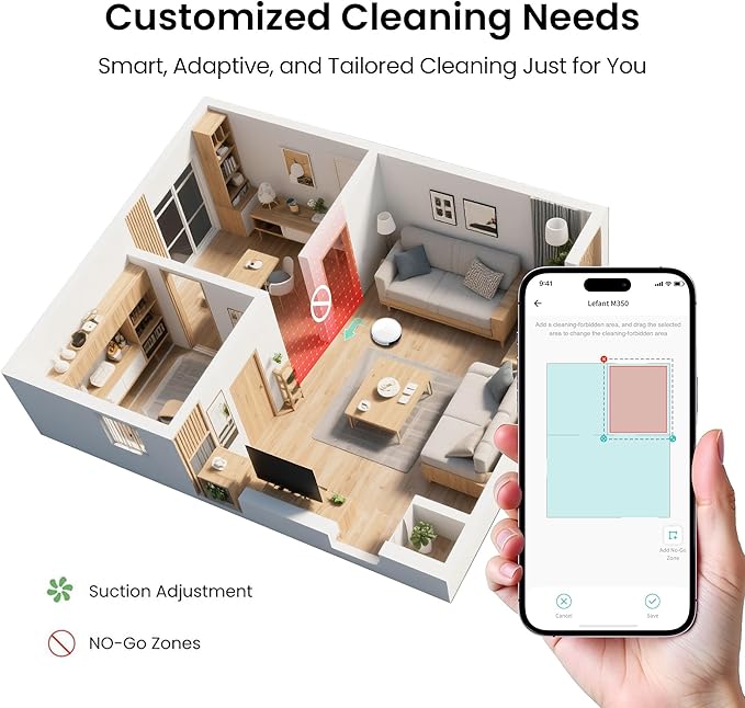 Lefant M350 Robot Vacuum and Mop Combo, 40-Day Self-Emptying, 190° PSD Obstacle Avoidance,6000Pa Suction,Quiet,Smart Navigation,Self-Charging, for Hard Floor, Carpet, Pet Hair,150 Min Runtime.White