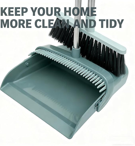 Upgrade Broom and Dustpan Combo Set - 3 Row Bristles & Extended Handles for No Bending, Self-Cleaning Dustpan Teeth, Stand-Up Storage, Indoor & Outdoor Sweeping (Bean Green)