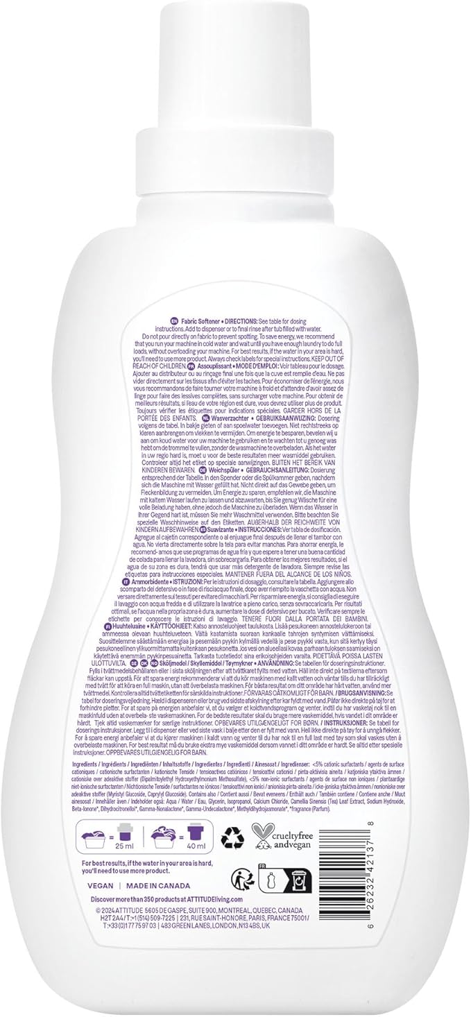 ATTITUDE Baby Fabric Softener, Plant and Mineral-Based Ingredients, HE Compatible, Vegan and Cruelty-free Laundry and Household Products, Sweet Lullaby, 40 Loads, 33.8 Fl Oz