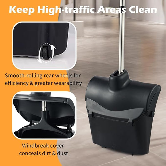 Outdoor Broom and Dustpan Set with Long Handle, Heavy Duty Upright Standing Dust Pan with Windbreak Cover and Broom Combo for Sweeping Indoor Outdoor Commercial Use