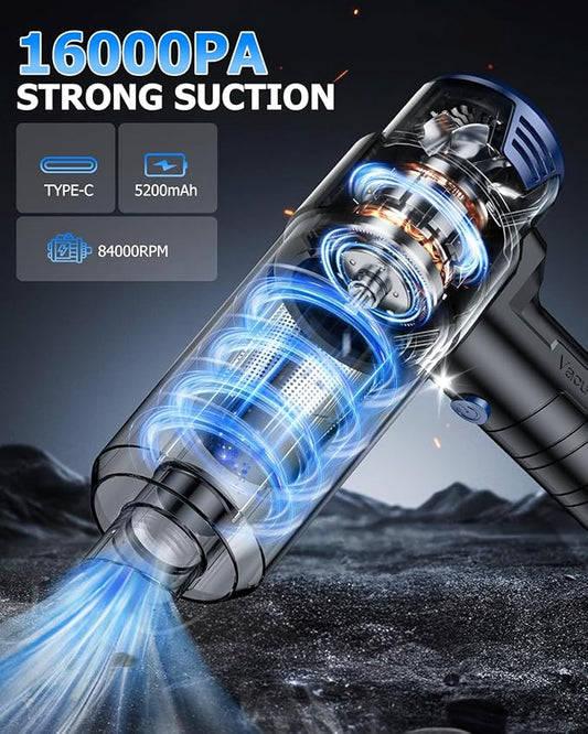 AHNR Handheld Car Vacuum Cleaner Cordless with 16000PA Powerful Suction, 4-in-1 Portable Mini Vacuum Cleaner & Air Duster with Multi-Accessories, Hand Held Vacuum Cordless Rechargeable for Car Home