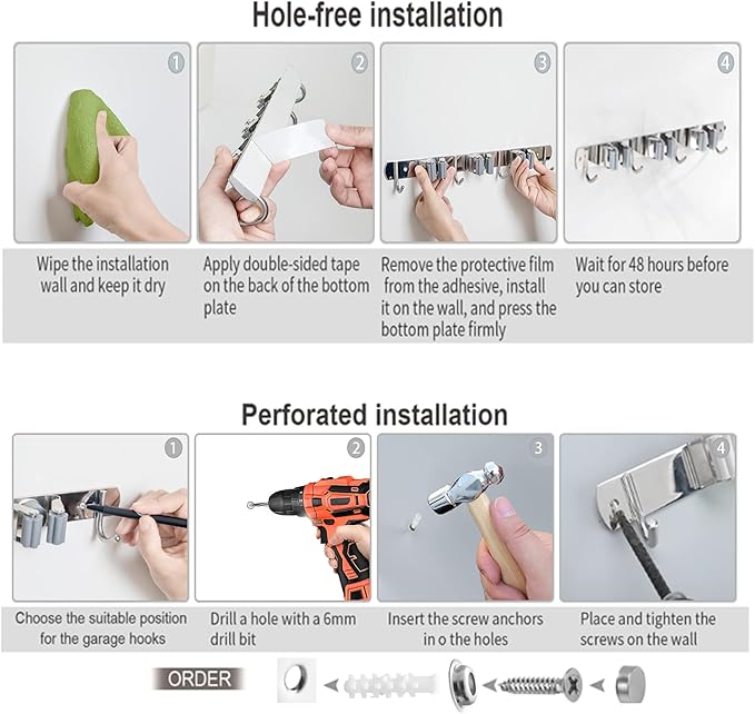 2 Pcs Mop Broom Holder Wall Mounted, Dustpan Holders, Stainless Steel Mop Hangers Organizer, Broom Rack, Utility Hook for Hanging Brooms and Mops(3 Racks 4 Hooks and 2 Racks 3 Hooks)