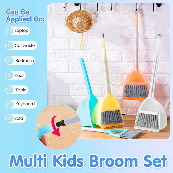 Roshtia 4 Pcs Mini Broom with Dustpan for Kids Broom and Dustpan Set Toddler Cleaning Set Boys Girls Small Cleaning for Kitchen Bathroom Pet (Yellow,Red,Green,Hoary)