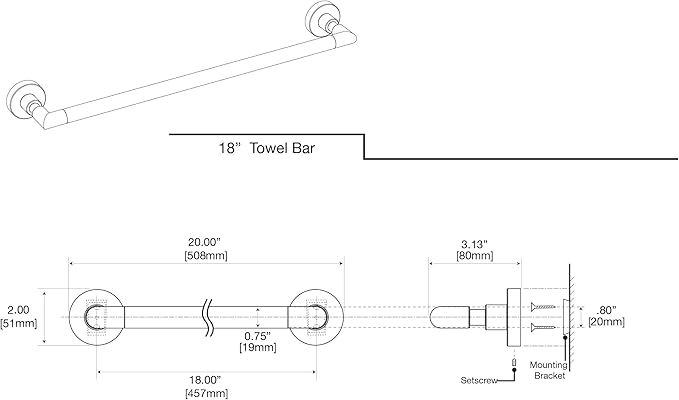 Gatco 5501 Studio Bathroom Towel Bar, 18", Matte Black/Wall Mounted Towel Holder
