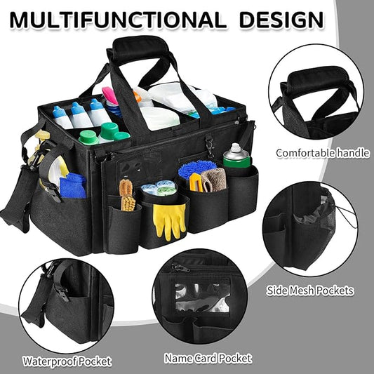 Boczif Cleaning Caddy Bag Wearable, Cleaning Caddy Supplies Organizer with Handle, Shoulder Straps & Detachable Divide, Cleaning Tool Organizers Tote Bag for Cleaners & Housekeepers(Black)