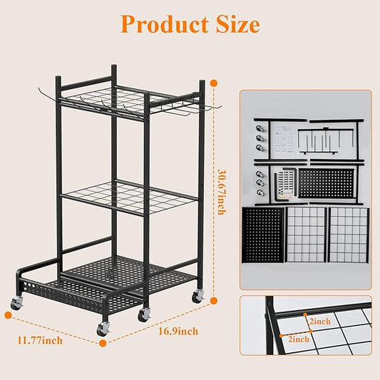 Garden Tool Organizer with Wheels, Heavy-Duty Steel Garage Tool Storage Rack, 360° Rotating Yard Tool Stand for Long-Handled Tools, Lawn Tool Holder for Shovels Rakes Mops Brooms