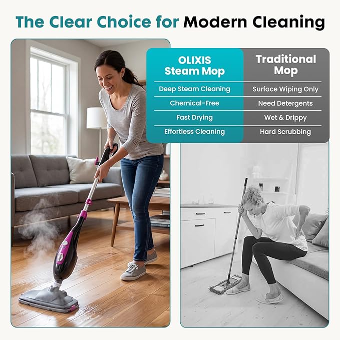 OLIXIS 10-in-1 Steam Mop, 1550W Detachable Handheld Steam Cleaner for Floor Cleaning, 16.4FT Cord, 2 Washable Pads, Multi-Purpose Floor Steamer for Hardwood, Carpet, Tile, Grout, Windows, Black Pink