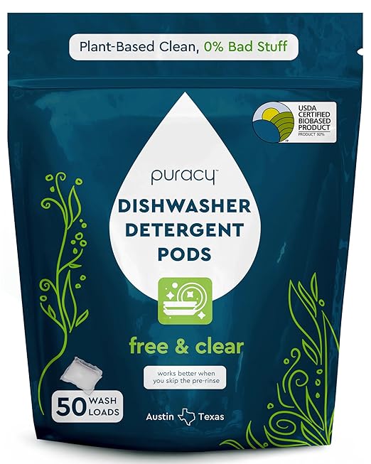 Puracy Dishwasher Pods, Dishwasher Detergent, Free & Clear Dish tabs - Enzyme-Powered, Spot & Residue Free - TikTok Trend Items, Must Haves from TikTok Made Me Buy It (Free & Clear, 50 Count)