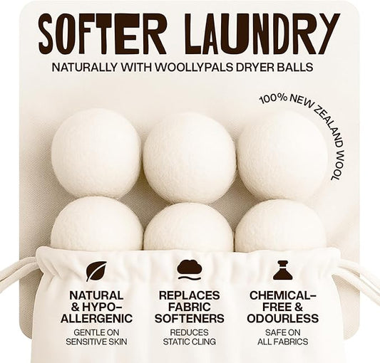WoollyPals Dryer Balls (6-Pack, XL Size) - 100% New Zealand Wool - No More Dryer Sheets - Eco Dryer Balls - Reusable - Softens Laundry - Reduces Drying Time & Static - with Storage Bag (Plain White)