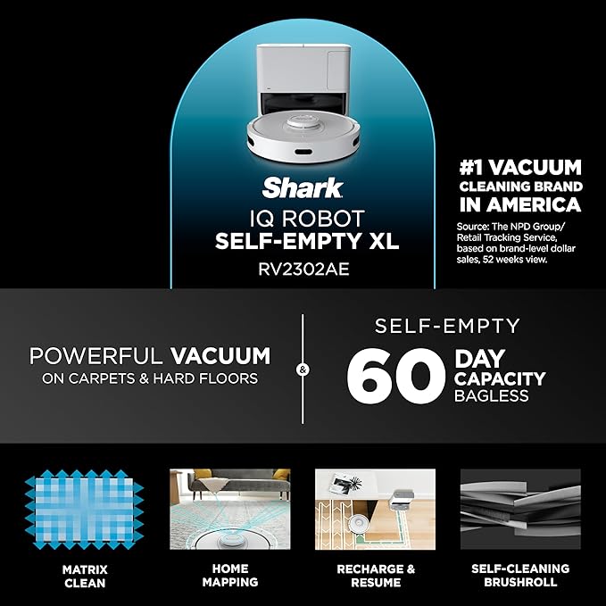 Shark IQ Robot Vacuum with Bagless Self-Empty 60 Day Capacity Base, Multi-Surface Cleaning, Powerful Suction, Pet Hair Pickup, for Carpets & Hardfloors, Home Mapping, White, RV2302AE