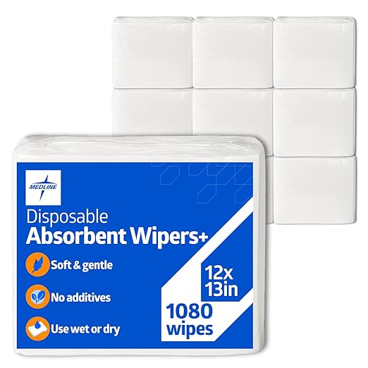 Medline Absorbent Wipers+ Disposable Heavy Duty Dry Wipes, 12" x 12" (90 Count, 12 Pack)