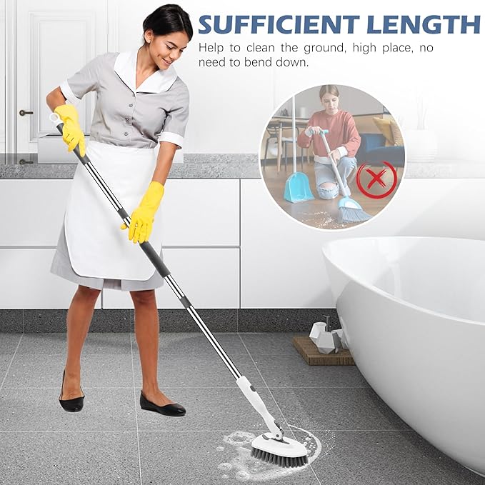 SetSail 4-in-1 Tile Tub Floor Scrubber with 52-inch Long Adjustable Handle Shower Cleaner Brush with V-Shaped Grout Brush and 3 Replacement Brush Heads for Bathroom Kitchen Walls Tub Tile, White Grey