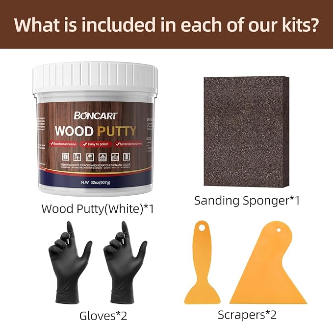 32oz Wood Filler Putty - White, Paintable Furniture Repair Kit for Quickly Fixing Broken and Defective Wooden Furniture, MQNZ-08
