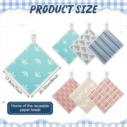 6 Pcs Swedish Towel for Kitchen 8 x 7 Inch Reusable Paper Towels with 4 Adhesive Hooks Swedish Absorbent Dish Towels Fast Drying Washable Cleaning Cloths No Odor Decorative Dishcloth for Kitchen