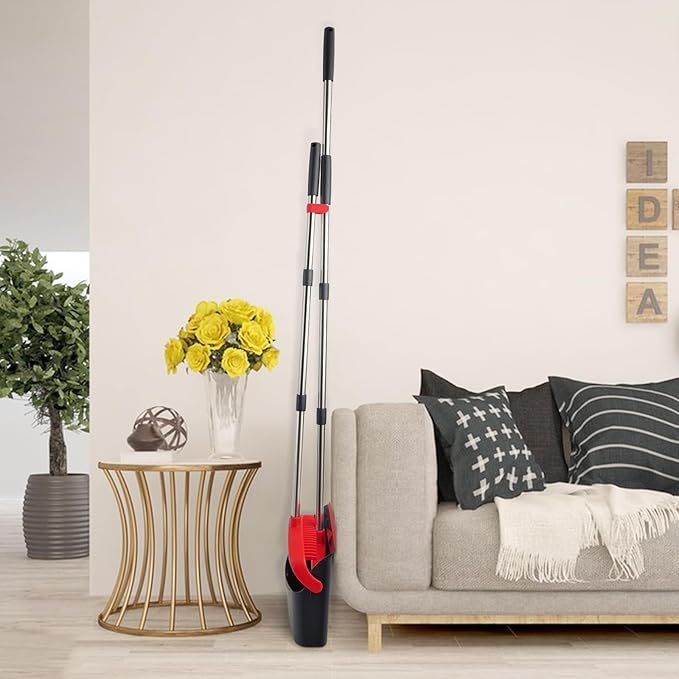 Broom and Dustpan Set with Long Handle, Heavy Dust Broom and Dustpan Combo for Home,Kitchen, Office, Pet Hair (Black Red)