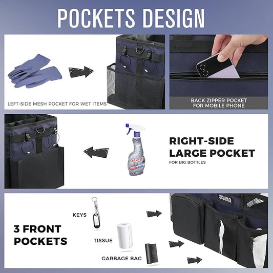 Wearable Cleaning Caddy Bag, Cleaning Caddy Supplies Organizer with Handle & Shoulder Straps for Housekeepers, Under Sink & Car Cleaning Tool Organizers with 4 Foldable Divider Navy (DarkBlue)