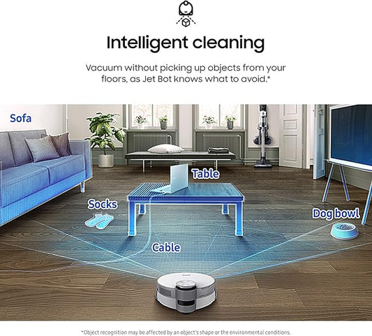 SAMSUNG Jet Bot AI+ Robot Vacuum Cleaner w/ Object Recognition, Intelligent Cleaning, Clean Station, 5-Layer Filter, Touchless Dust Removal for Hardwood Floors, Carpets, VR50T95735W, White