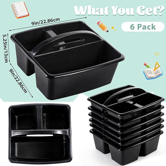6 Pack Classroom Caddy with Handle Plastic Storage Caddy Organizer with 3 Compartments Desk Caddies Holder Portable Storage Bin for Pencil, Crayon, Marker, Home, Office, School Supplies(Black)