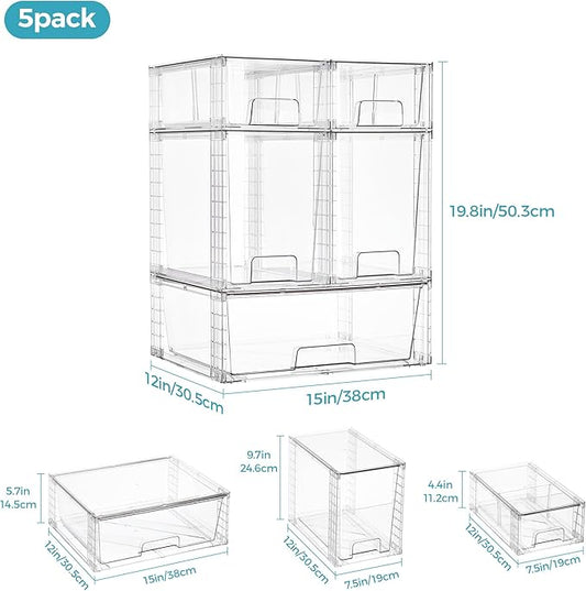 Vtopmart 5 Pack Clear Stackable Storage Drawers,Easy to Assemble Baby Bottle with handles,Plastic Drawers for Kitchen Pantry,Cabinet,Under Sink Organization