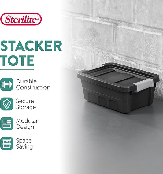 Sterilite 24-Pack Plastic Storage Bins with Lids, Stackable Containers, 4 Gallon, Black