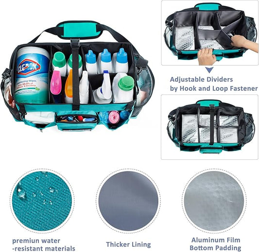 Large Cleaning Supplies Organizer-Cleaning Caddy Organizer With Handles & Shoulder Strap-Cleaning Bags for Cleaning Suppliers-Housekeepers Wearable Cleaning Tote 2023 Upgraded, Teal