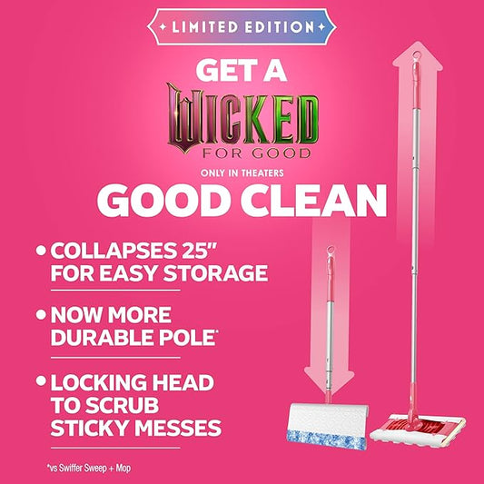 Swiffer Sweep and Mop Deluxe, Limited Edition Pink Wicked: for Good, 2-in-1 Floor Mopping and Sweeping Kit, 1 Sweeper Device, 5 Heavy Duty Dry Sweeping Cloths, 3 Heavy Duty Wet Mopping Cloths