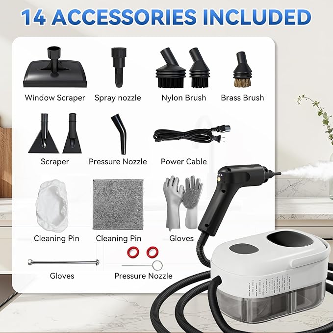 Handheld Steam Cleaner,2500W High-Pressure Steamer for Cleaning, 15s Fast Heat-Up&1.4L Large Tank,3-Level Adjustable Handle with 14 Accessories,Portable Steam Cleaner for Home,Car,Furniture,Bathroom
