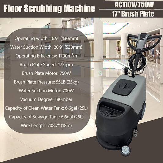 110V Commercial Floor Scrubbing Machine 16.9" Automatic Walk-Behind Floor Scrubber Dryer 13.2 Gallons of Dual Tanks for Warehouse/Office/Hotel 173RPM