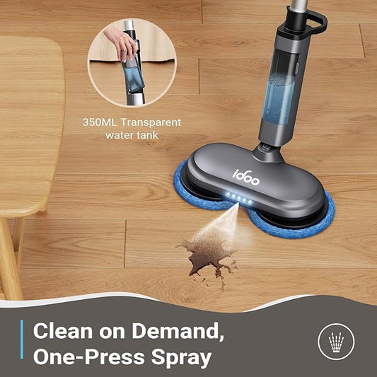 iDOO Cordless Electric Mop with Water Spray & LED Headlight, 350ml Water Tank, Electric Spin Mop, Polisher for Hardwood, Tile Floors, Quiet Self Propelled, Powerful Floor Cleaner with 4 Scrub Pads