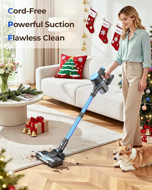 N8 Cordless Vacuum Cleaner, Lightweight Stick Vacuum with Powerful Suction,2200mAh Battery, 40 Mins Runtime, Self-Standing,Rechargeable Vacuum Cleaners for Home Hardwood Floor Carpet Pet Hair (Azure)