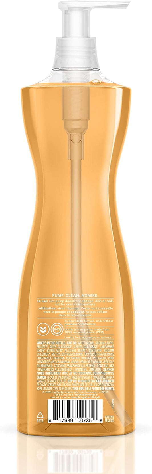 Method Gel Dish Soap, Clementine Scent, Tough on Grease & Stuck-on Food, Cruelty Free Formula, Made with Recycled Plastic, 18 Fl Oz